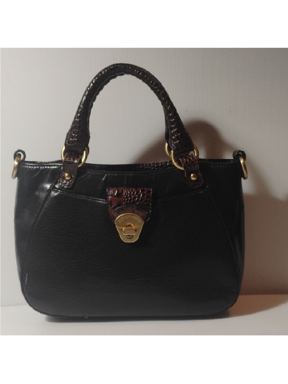 Brahmin Black Leather Satchel with Brown Croc-Trim Handles Gold Hardware Vintage